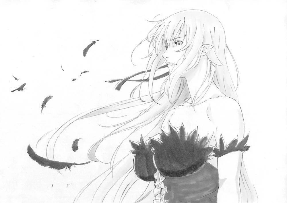 Monochrome Monogatari character surrounded by feathers